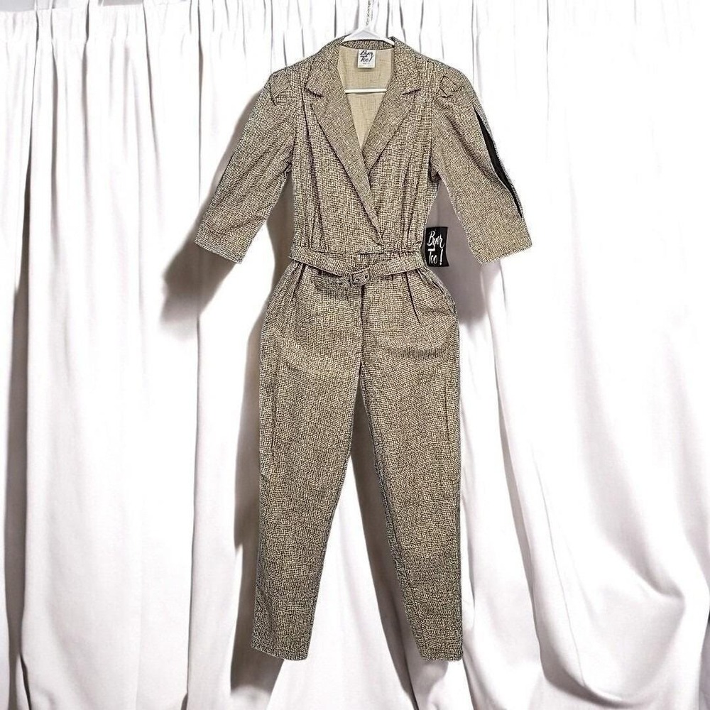 Vintage 80s/90s Byer Too! Jumpsuit with Belt Woman 13 Brown Puff Sleeve Disco NW